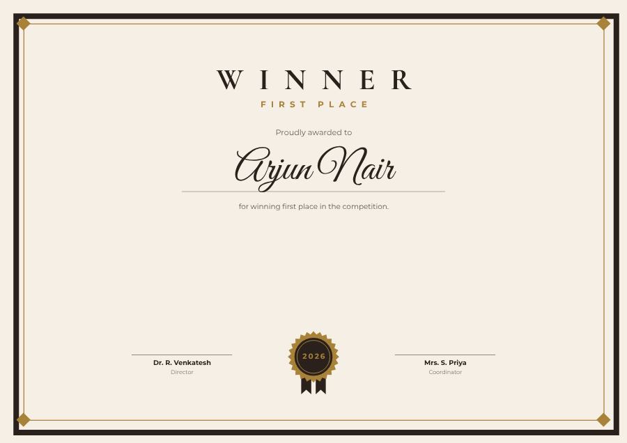 Ivory Certificate First Place Winner Classic — editable certificates template