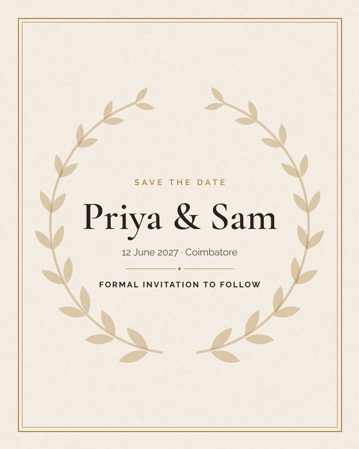 Ivory Priya and Sam Save the Date — editable wedding template