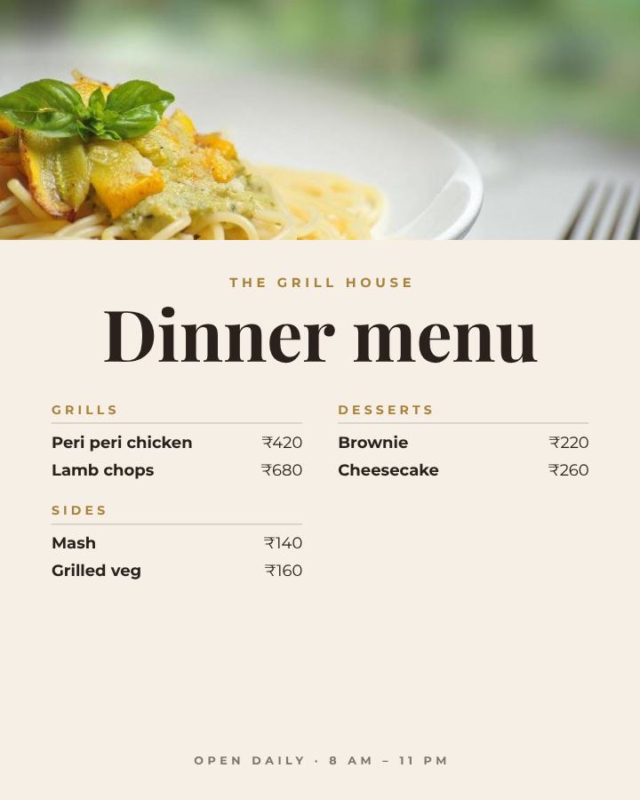 Ivory The Grill House Dinner menu A4 — editable menus template