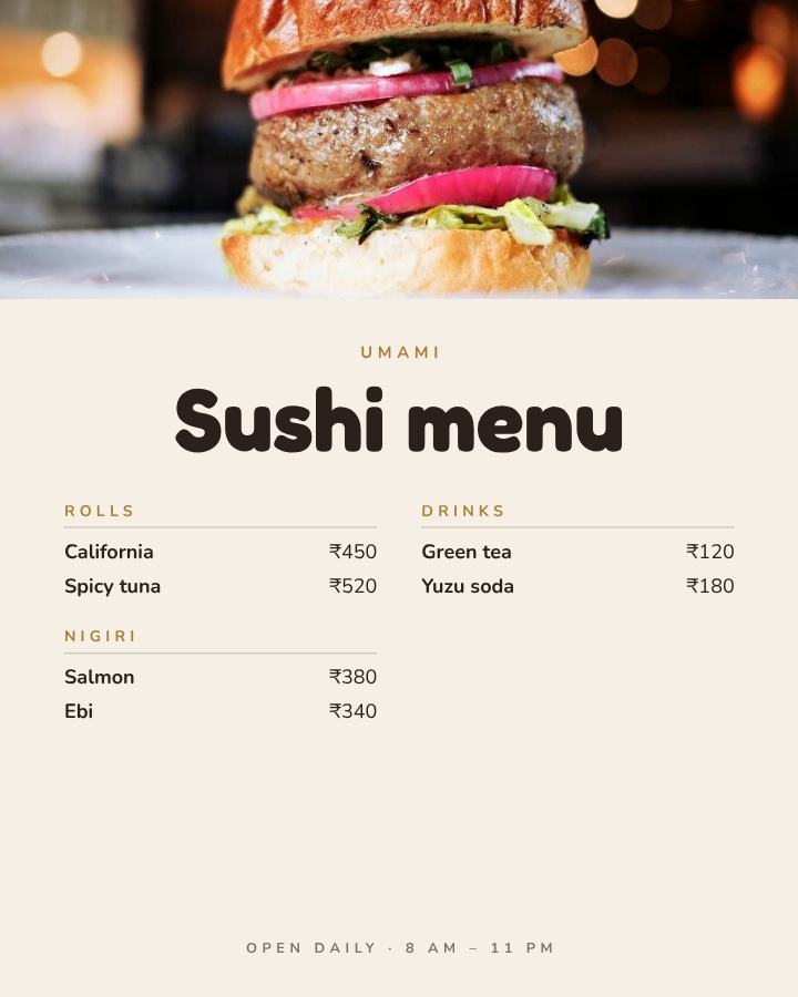 Ivory Umami Sushi menu Card — editable menus template