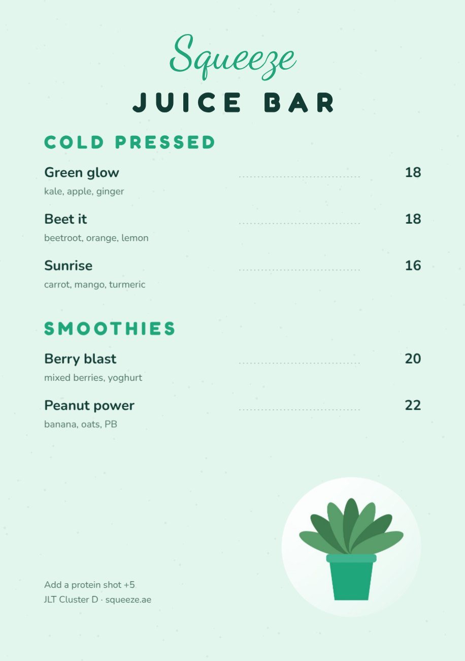 Juice Bar Menu A5 Flyer — editable marketing template