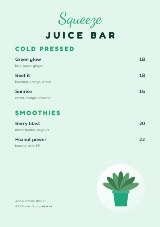 Juice Bar Menu A5 Flyer template