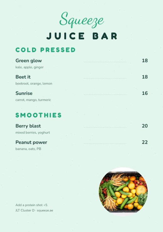 Juice Bar Menu A5 Flyer — free menu template