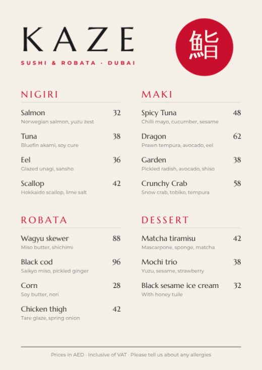 Kaze Sushi Menu