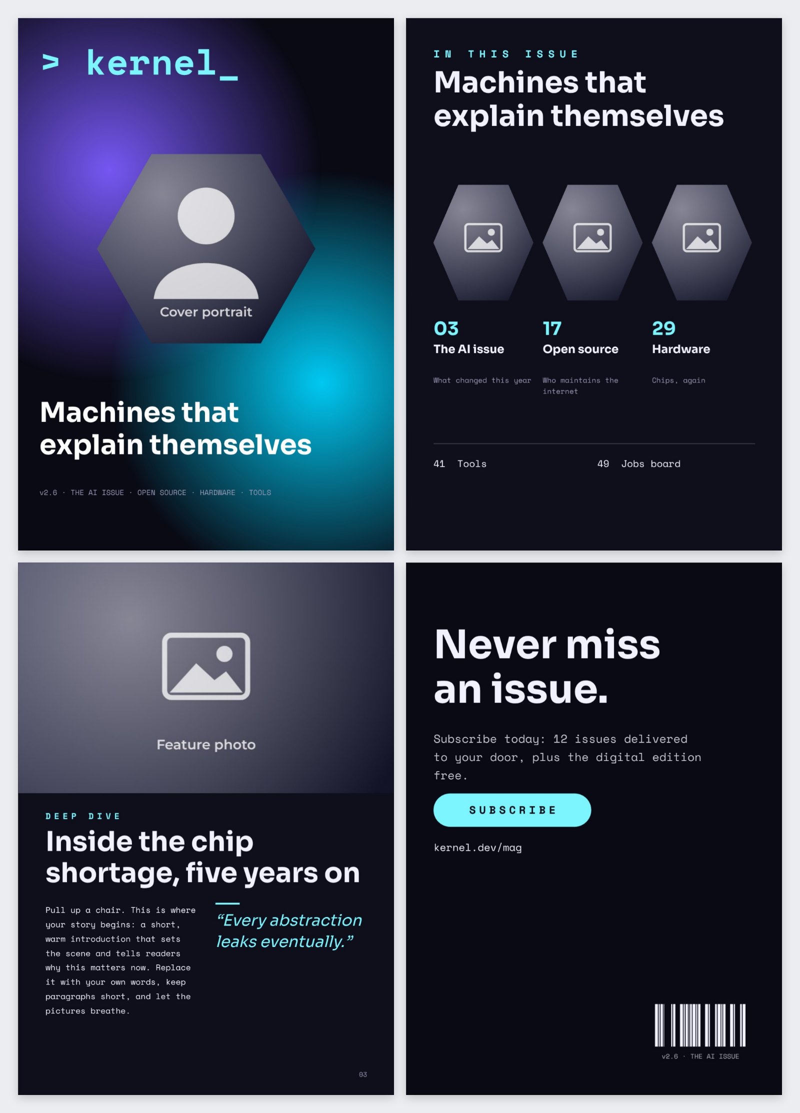 Kernel Tech Magazine — editable marketing template