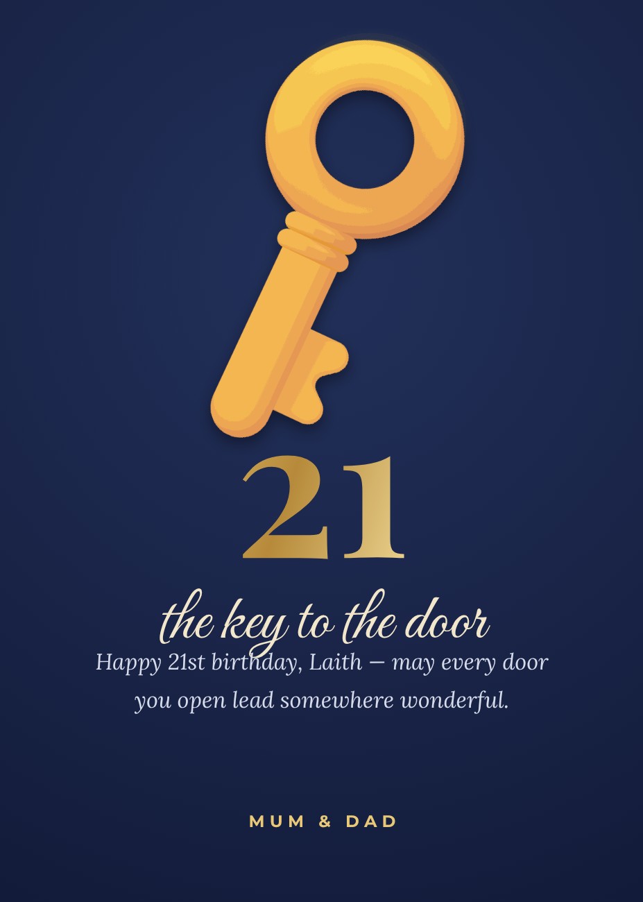 Key to the Door 21st Card — editable birthday template