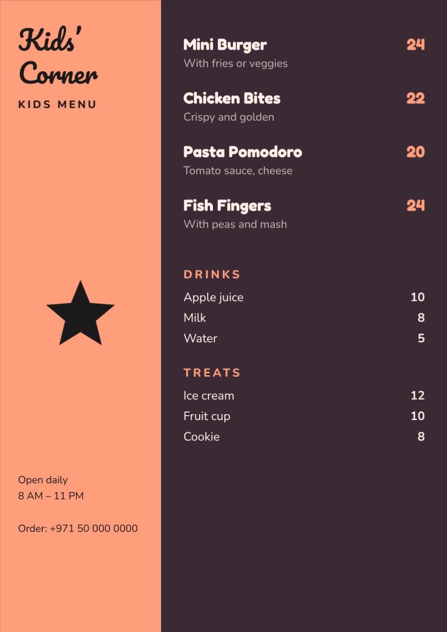 Kids’ Corner Kids Menu — editable menus template