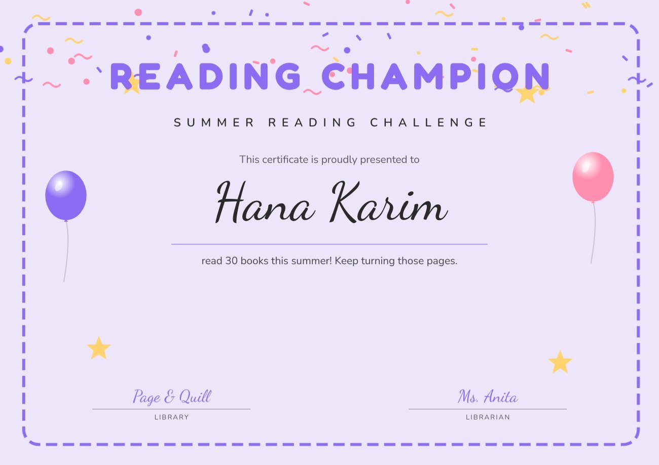 Kids Reading Champion Certificate — editable certificates template