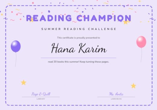 Kids Reading Champion Certificate template