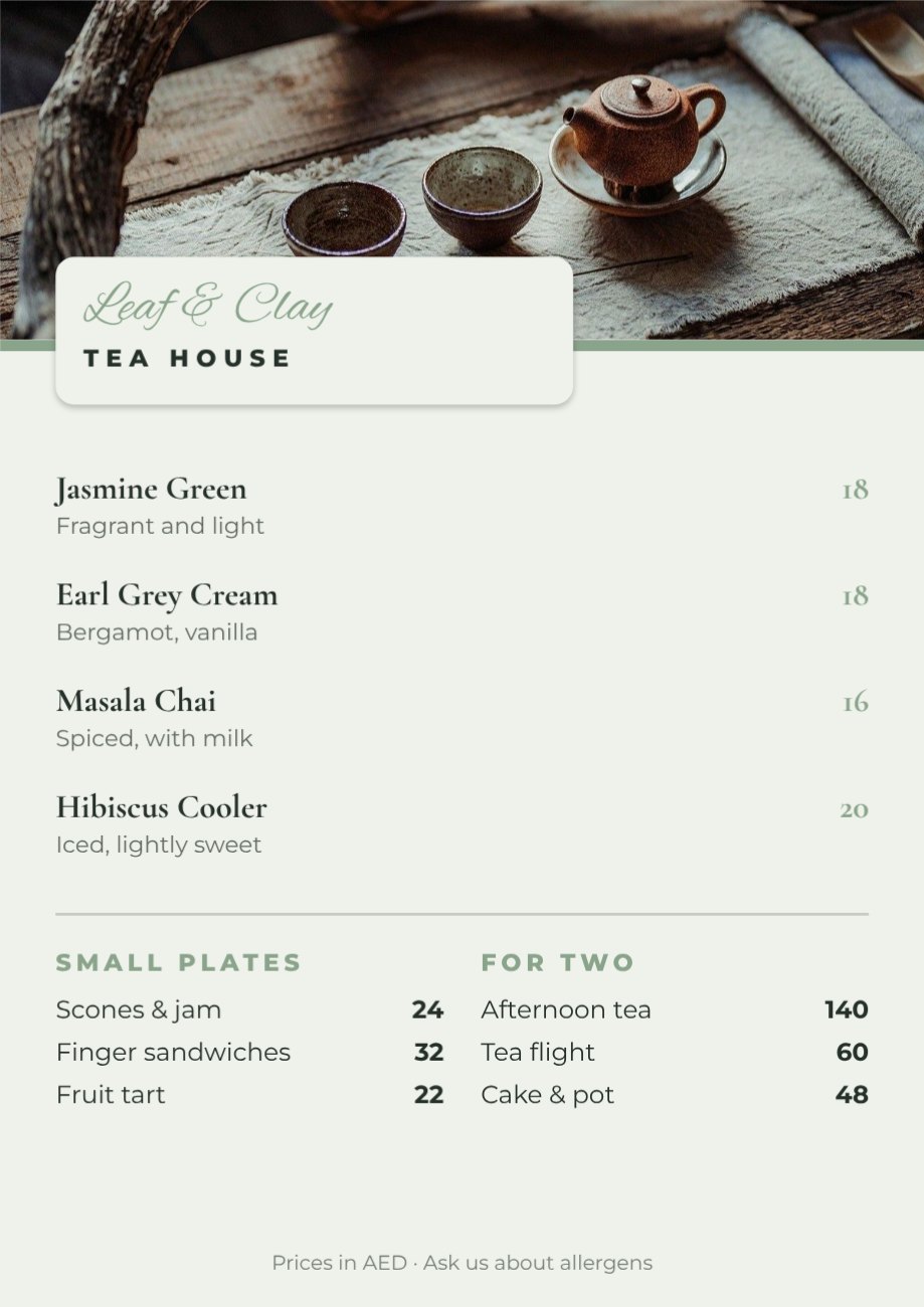 Leaf & Clay Tea House Menu — editable menus template
