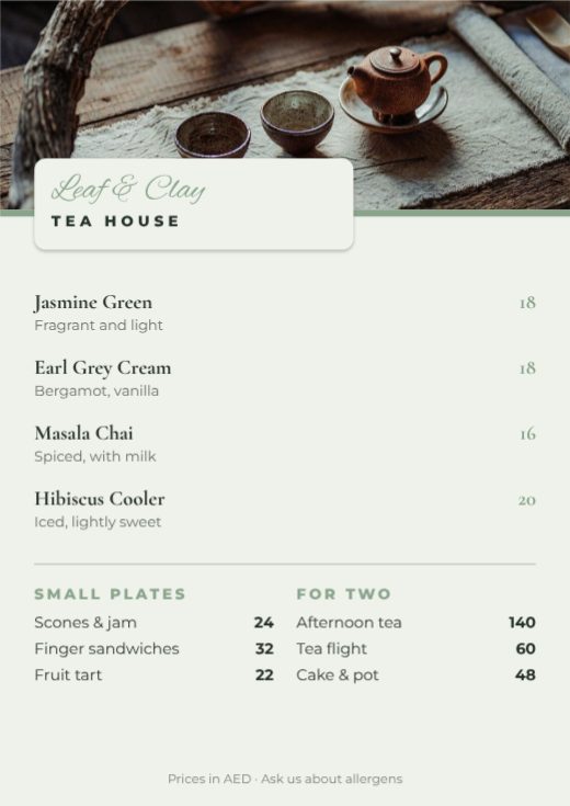 Leaf & Clay Tea House Menu template