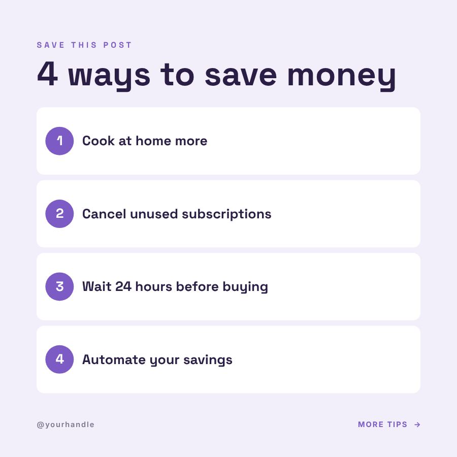 Lilac 4 ways to save money Tips Post — editable social media template