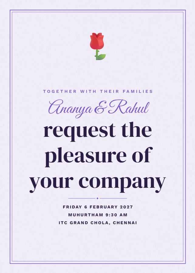 Lilac Ananya and Rahul Wedding Invitation — editable wedding template