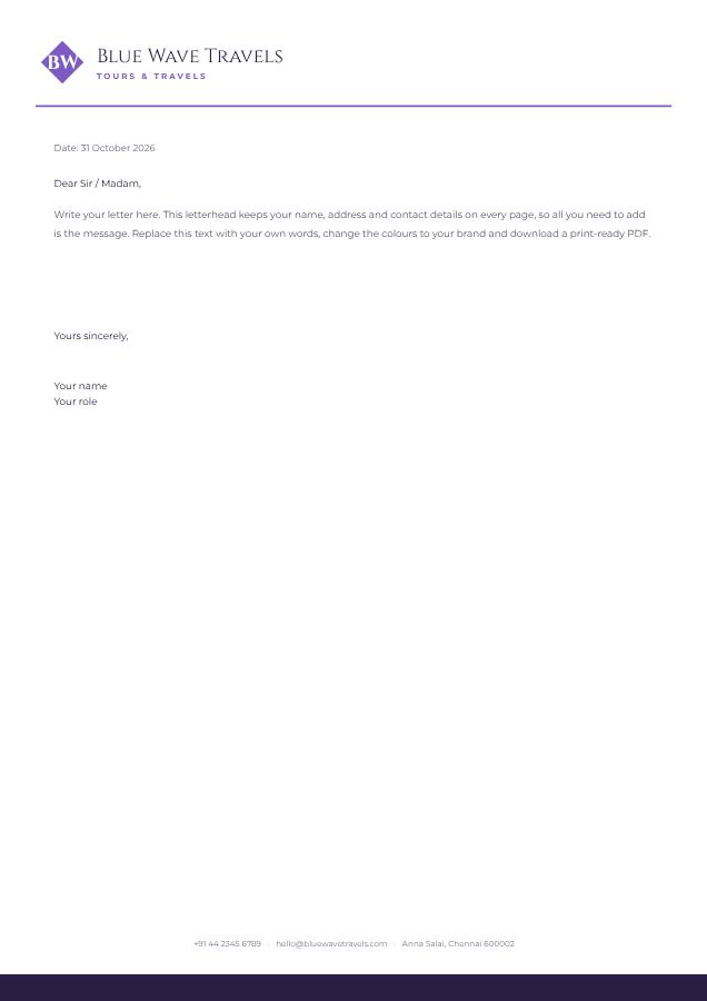 Lilac Blue Wave Travels Minimal Letterhead — editable business template