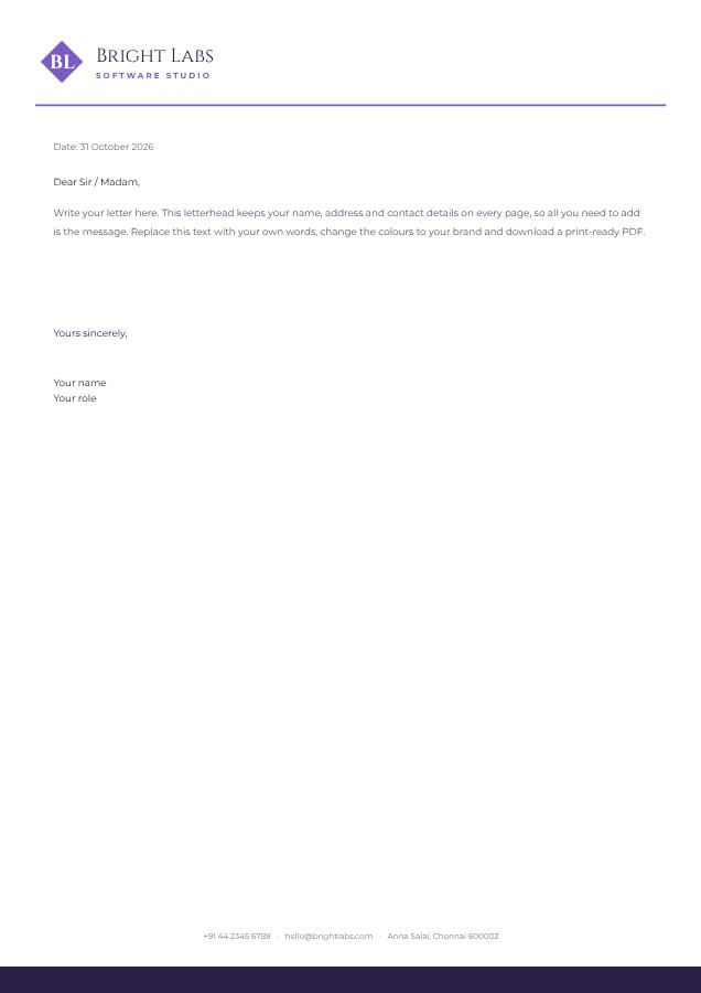 Lilac Bright Labs Minimal Letterhead — editable business template