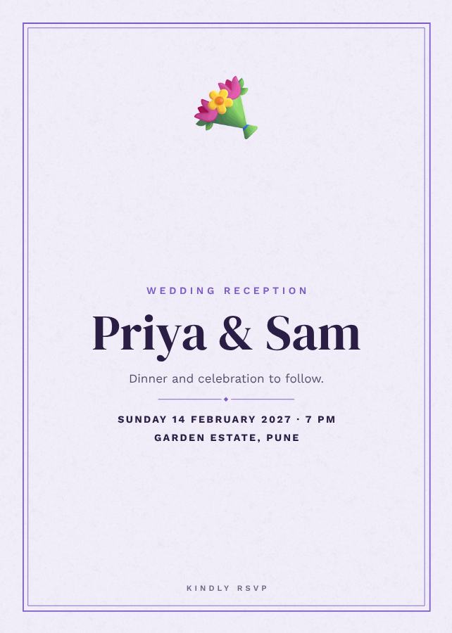 Lilac Priya and Sam Reception Invite — editable wedding template