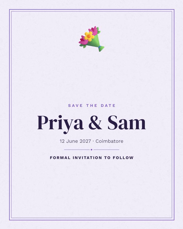 Lilac Priya and Sam Save the Date — editable wedding template