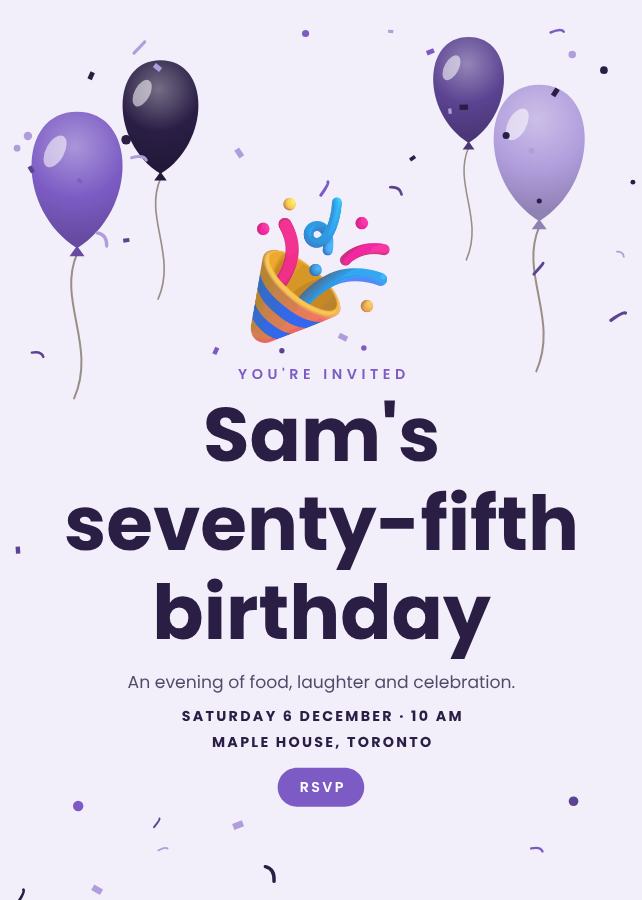 Lilac Sam's Seventy-Five Birthday Invitation — editable birthday template