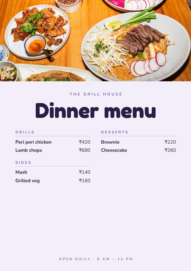 Lilac The Grill House Dinner menu A4 — editable menus template
