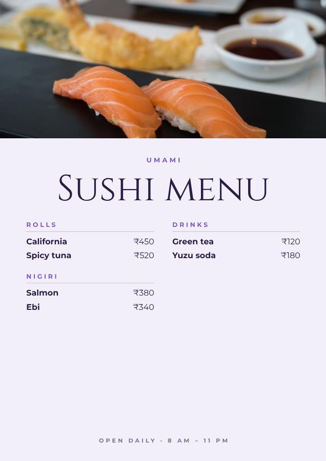 Lilac Umami Sushi menu Card — editable menus template