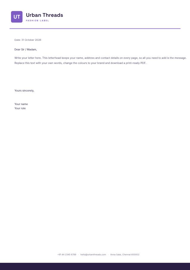 Lilac Urban Threads Minimal Letterhead — editable business template