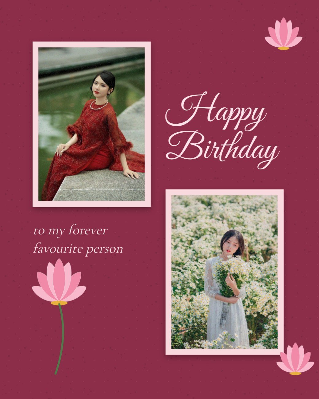 Lotus Maroon Twin Photo Birthday Post — editable birthday template