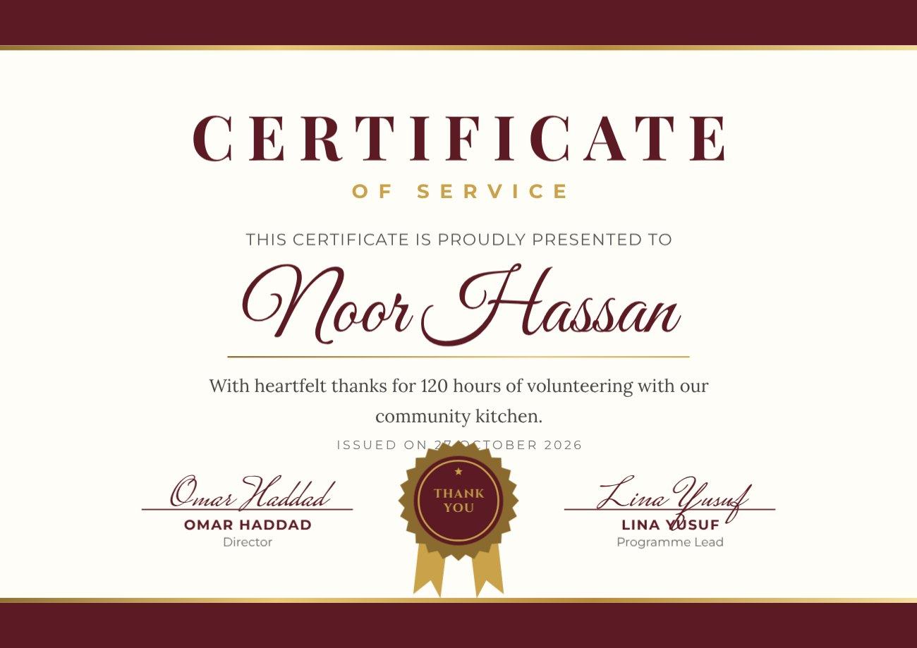Maroon Ribbon Volunteer Certificate — editable certificates template