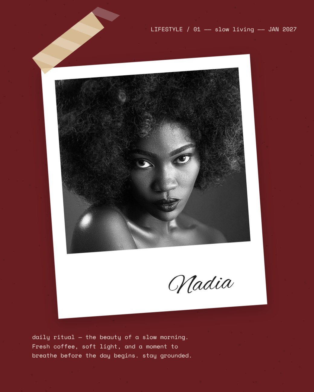 Maroon Slow Living Polaroid Post — editable social media template