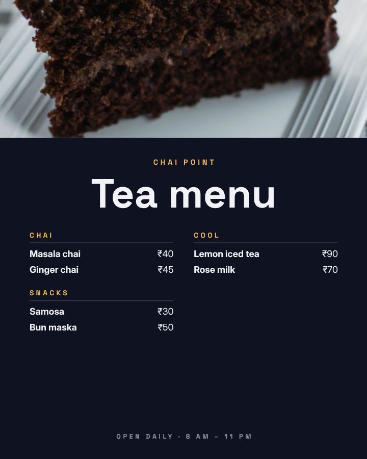 Midnight Chai Point Tea menu Card — editable menus template
