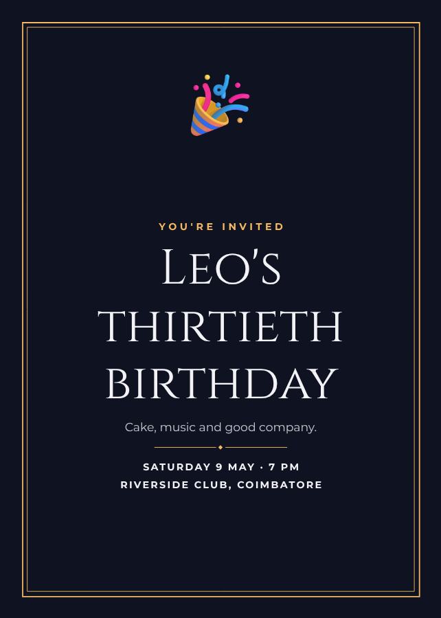 Midnight Leo's Thirty Birthday Invitation — editable birthday template