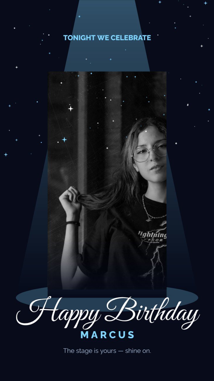 Midnight Spotlight Birthday Story — editable birthday template