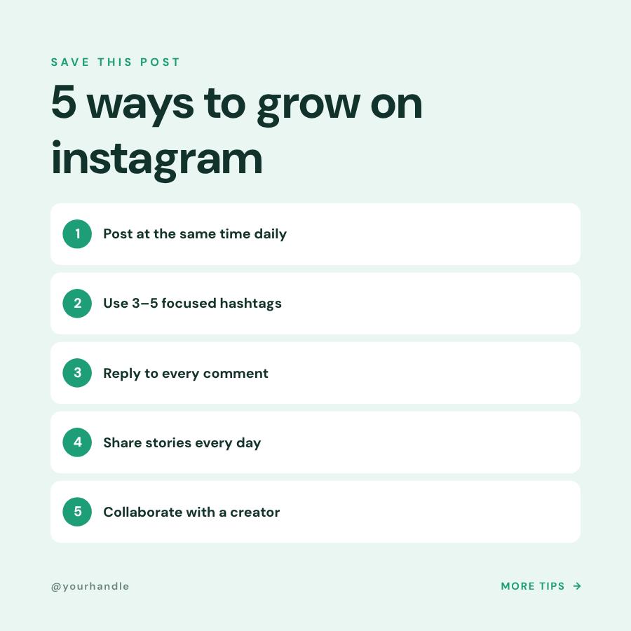 Mint 5 ways to grow on instagram Tips Post — editable social media template