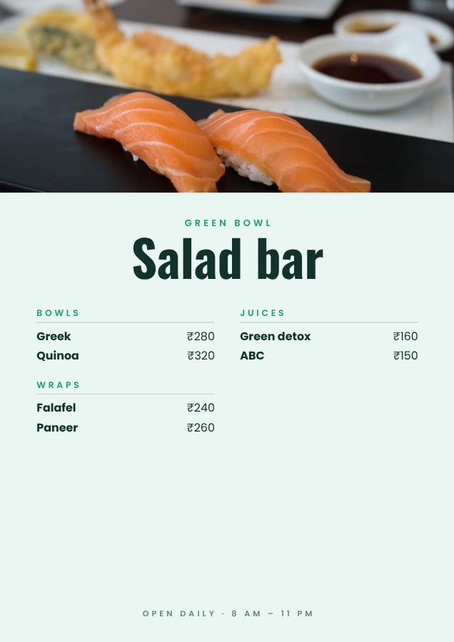 Mint Green Bowl Salad bar A4 — editable menus template