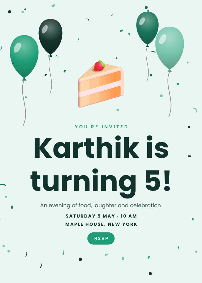 Mint Karthik's Five Birthday Invitation — editable birthday template