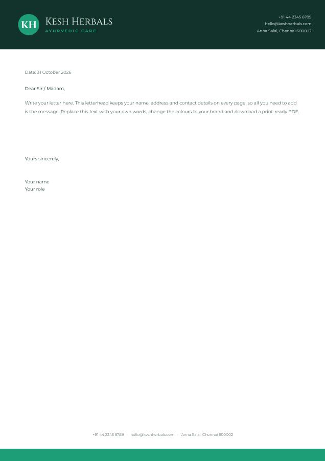 Mint Kesh Herbals Bold Letterhead — editable business template