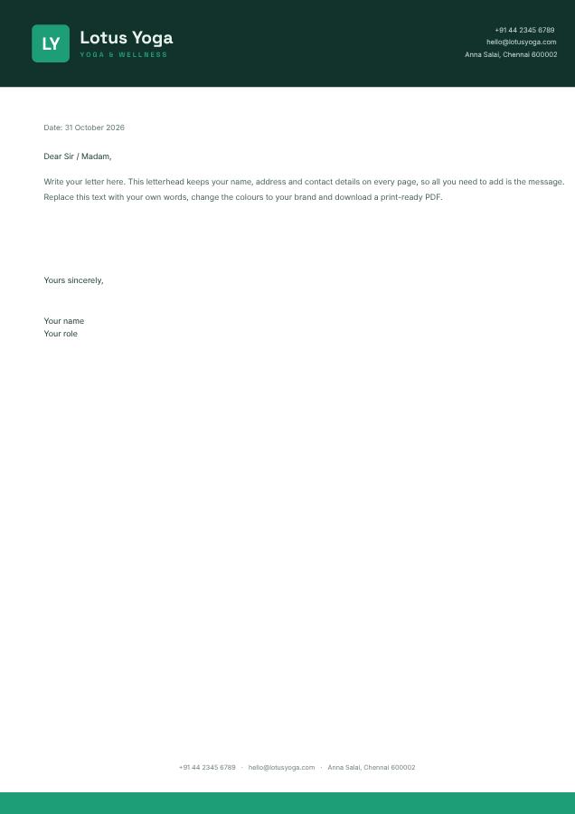 Mint Lotus Yoga Bold Letterhead — editable business template