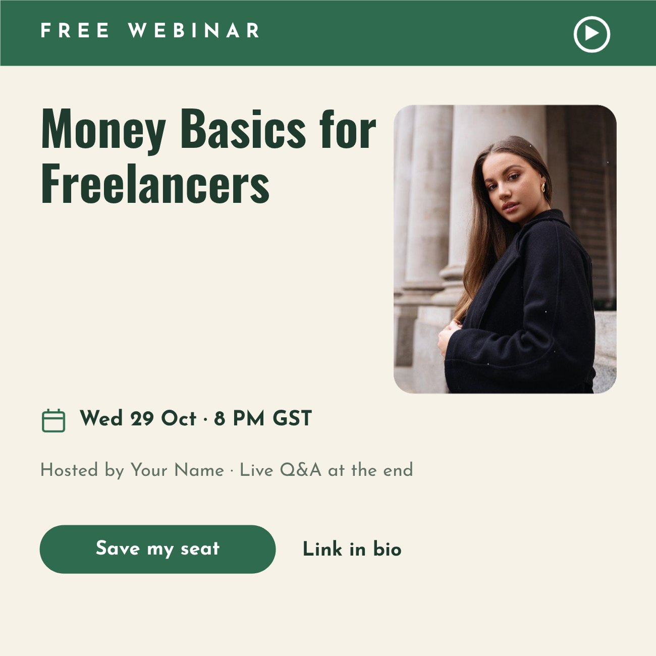 Money Basics for Freelancers Webinar Post — editable marketing template