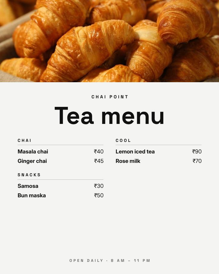 Monochrome Chai Point Tea menu A4 — editable menus template