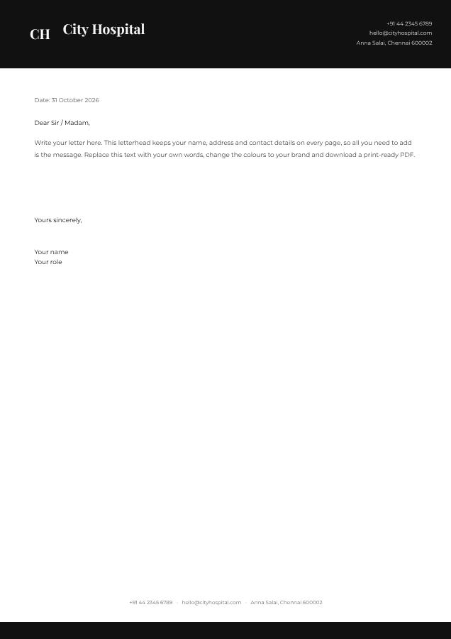 Monochrome City Hospital Bold Letterhead — editable business template