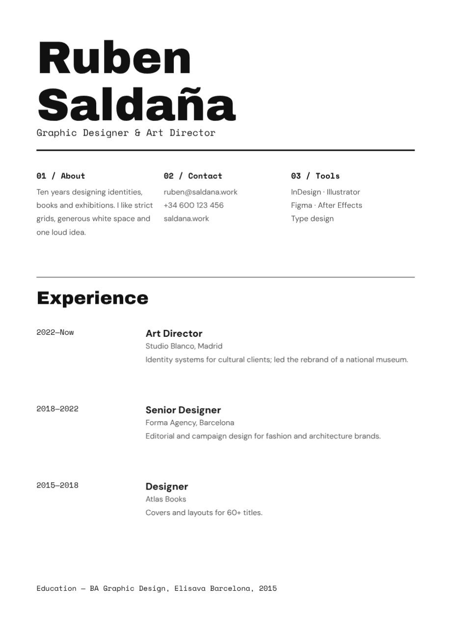 Monochrome Minimal Designer CV — editable resume template