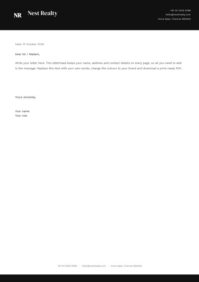 Monochrome Nest Realty Bold Letterhead — editable business template