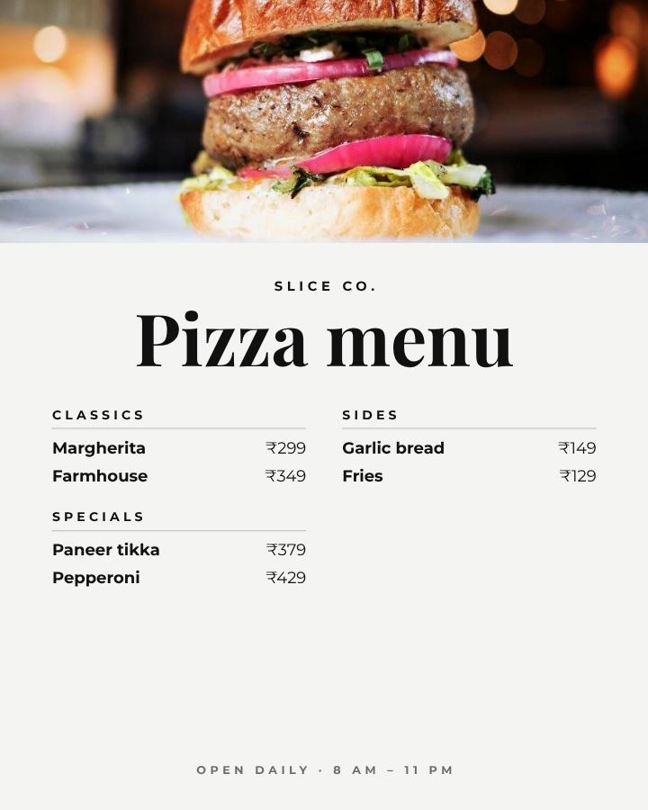 Monochrome Slice Co. Pizza menu — editable menus template