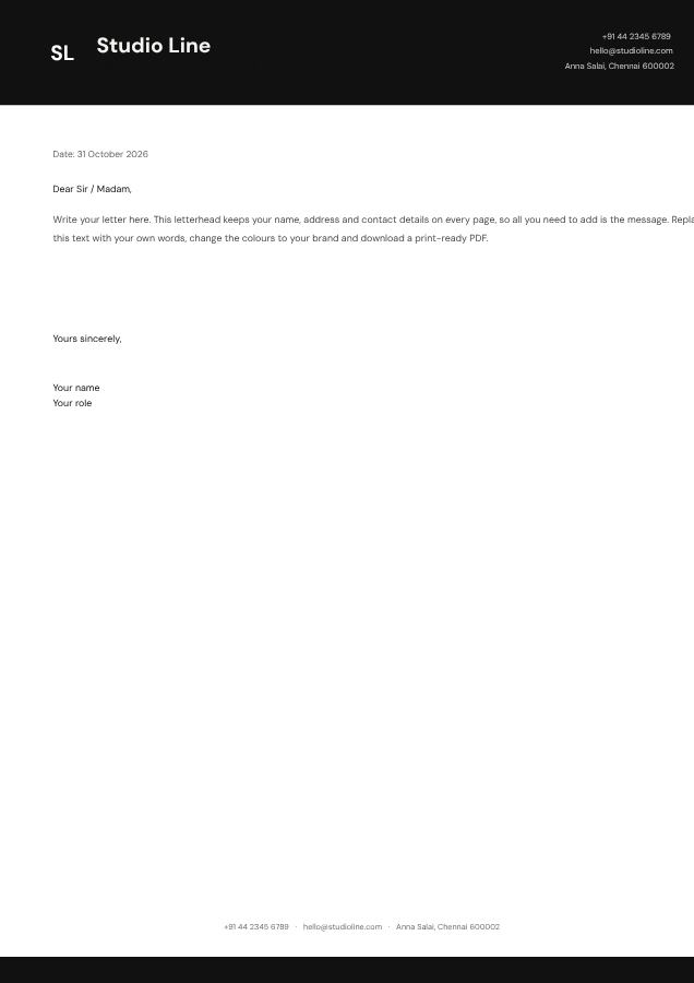 Monochrome Studio Line Bold Letterhead — editable business template