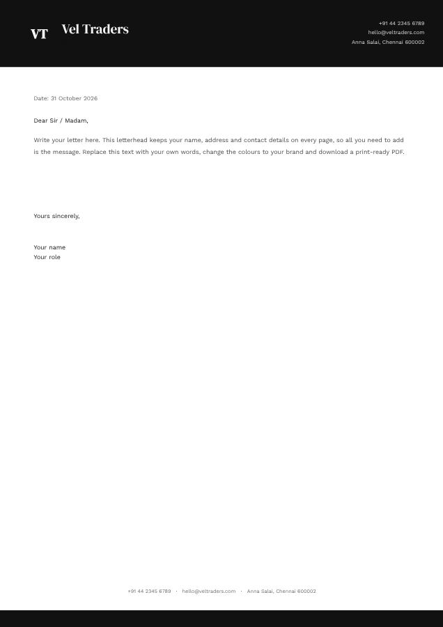 Monochrome Vel Traders Bold Letterhead — editable business template