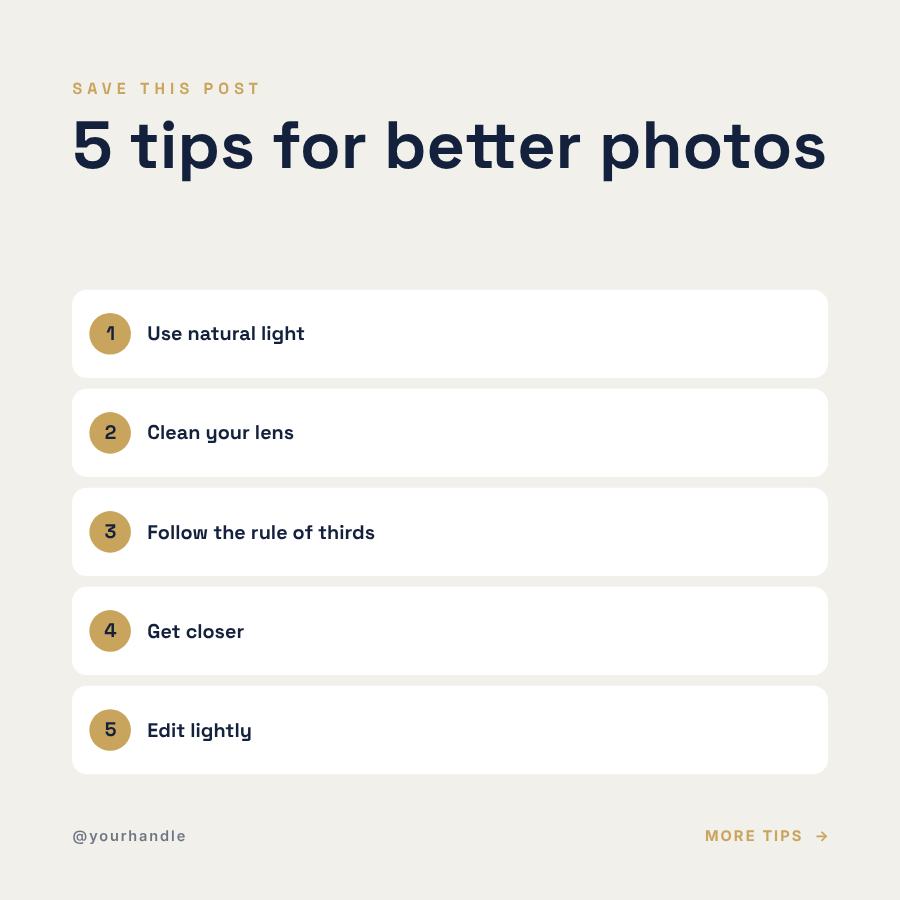 Navy 5 tips for better photos Tips Post — editable social media template