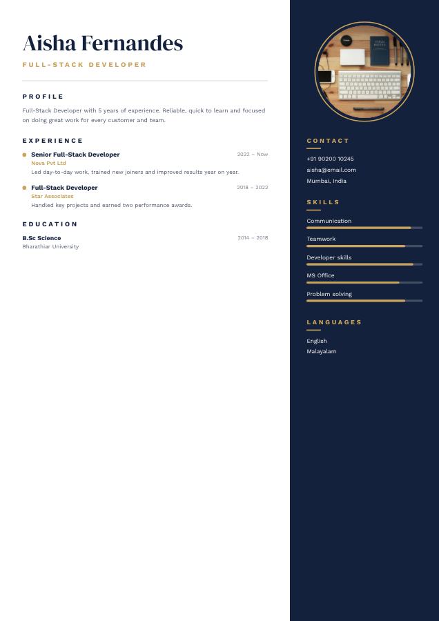 Navy Aisha Fernandes Full-Stack Developer Resume — editable resume template