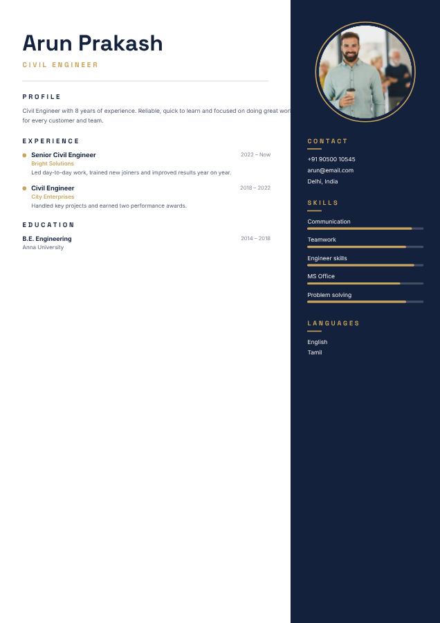 Navy Arun Prakash Civil Engineer Resume — editable resume template