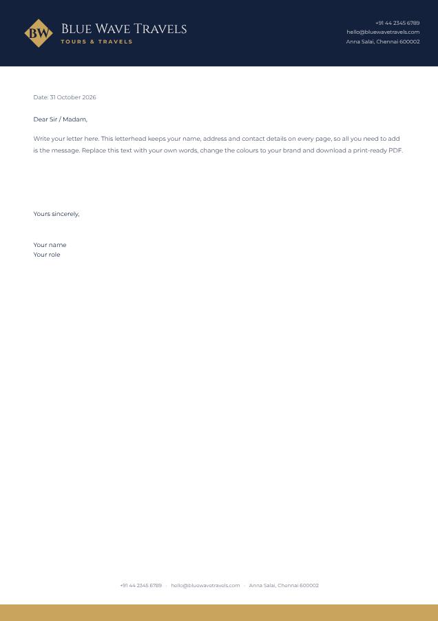 Navy Blue Wave Travels Bold Letterhead — editable business template