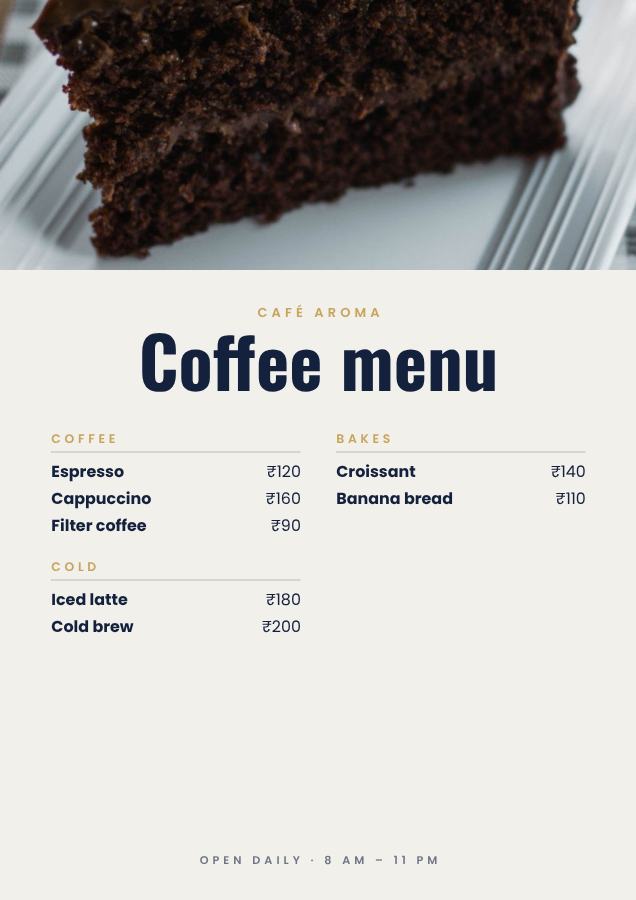 Navy Café Aroma Coffee menu Card — editable menus template