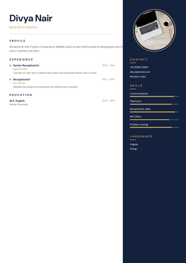 Navy Divya Nair Receptionist Resume — editable resume template